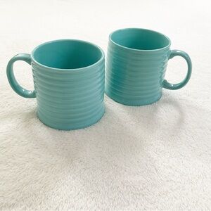 Vintage Pier 1 Turquoise Ribbed Ceramic Mugs • Set of 2 • Coastal Aqua (Flaw)